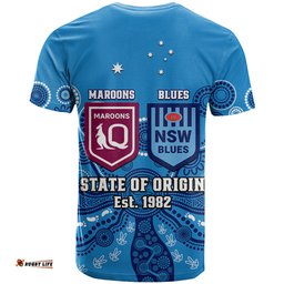 qld maroons and nsw blues rugby t shirt state of origin 2023 indigenous blue
