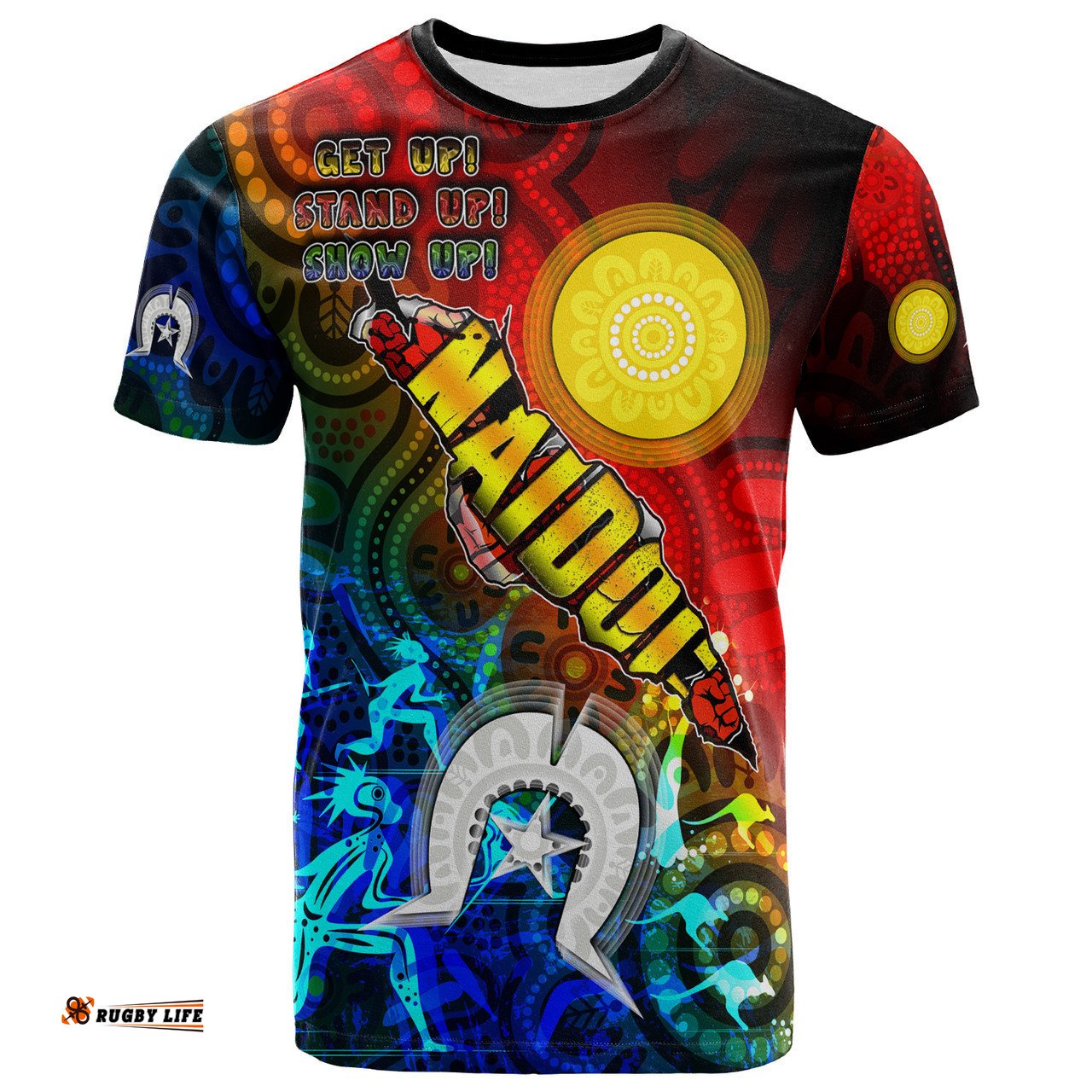 Amazing Aussie Australia Naidoc Week T-shirt - Custom Naidoc Aboriginal Inspired Dot Art Painting With Hunting "Get up, Stand up, Show up," T-shirt