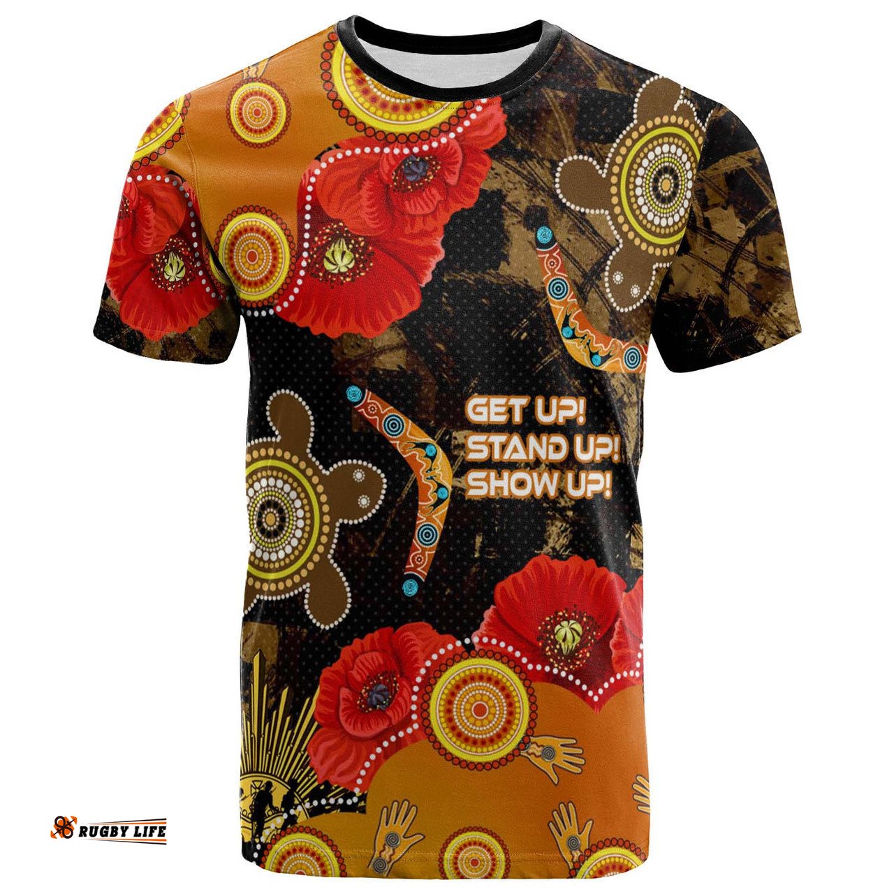 Amazing Aussie Australia Anzac Day and Naidoc Week T-shirt - Poppy Flower with Aboriginal Inspired Style and Turtle Indigenous T-shirt