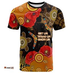 Amazing Aussie Australia Anzac Day and Naidoc Week T-shirt - Poppy Flower with Aboriginal Inspired Style and Turtle Indigenous T-shirt