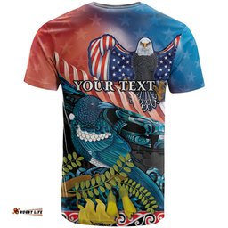 personalised united states and new zealand t shirt usa eagle with kowhai aotearoa tui bird