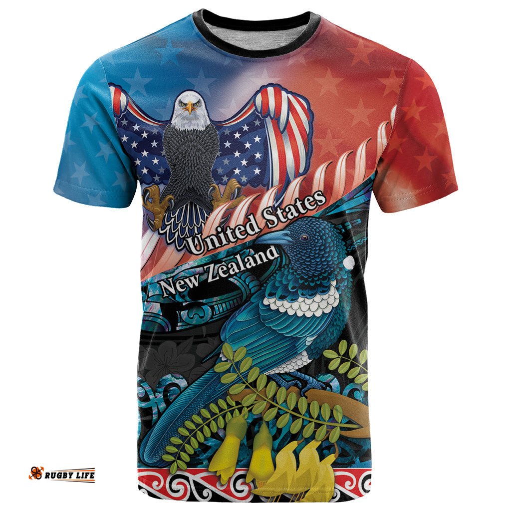 personalised united states and new zealand t shirt usa eagle with kowhai aotearoa tui bird