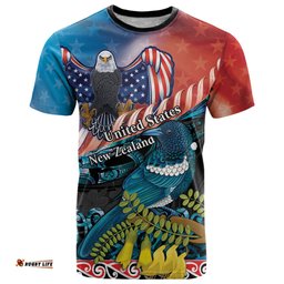 personalised united states and new zealand t shirt usa eagle with kowhai aotearoa tui bird