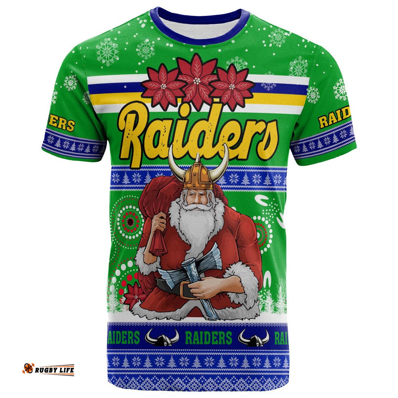 Amazing Aussie Canberra Raiders Christmas T-Shirt - Custom Canberra Raiders Ugly Christmas And Aboriginal Inspired Patterns T-Shirt
