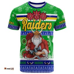 Amazing Aussie Canberra Raiders Christmas T-Shirt - Custom Canberra Raiders Ugly Christmas And Aboriginal Inspired Patterns T-Shirt
