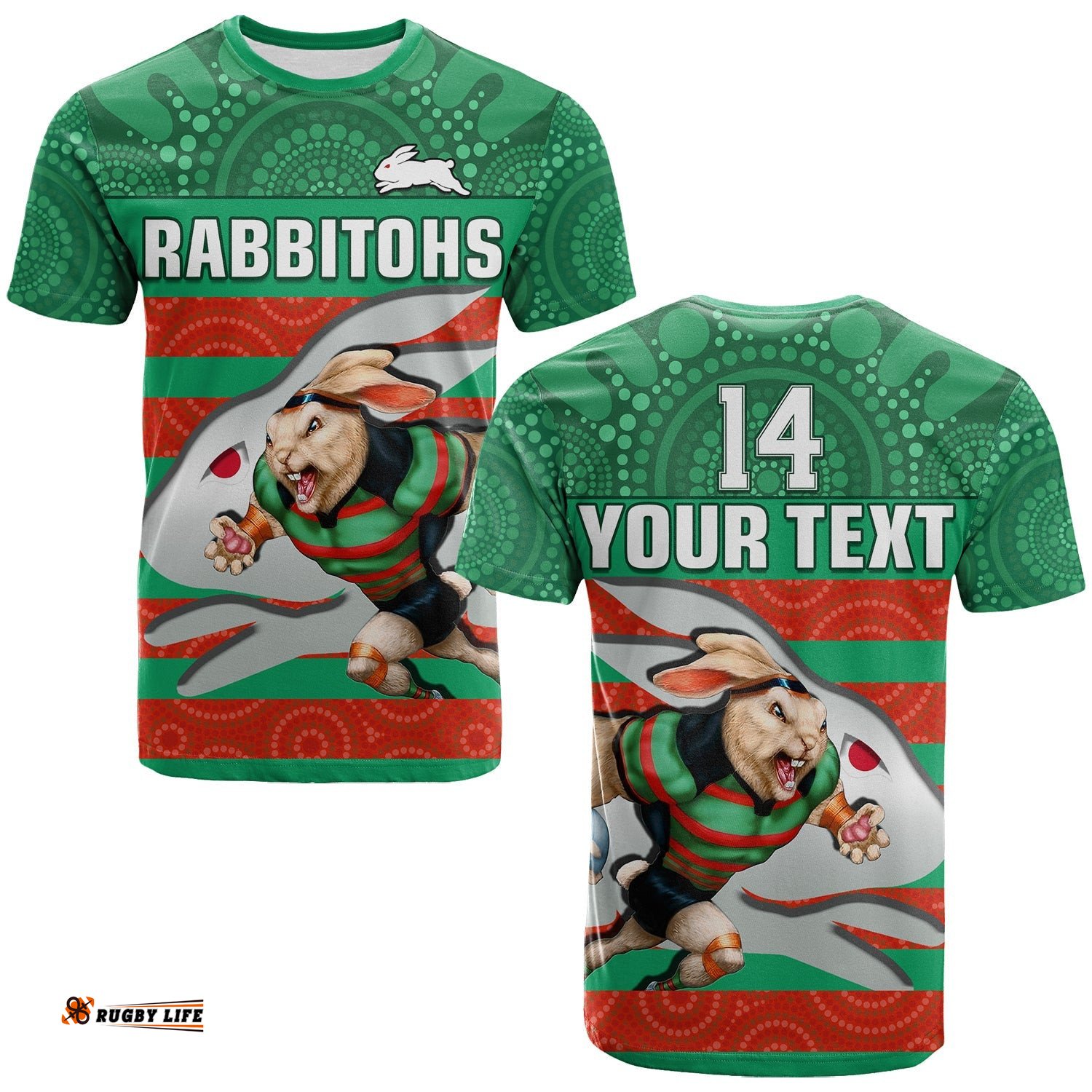 custom text and number rabbitohs rugby t shirt aboriginal dot painting glory glory sporty style