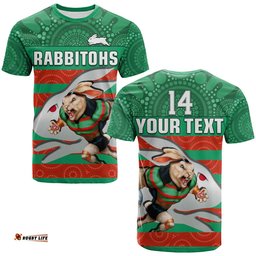 custom text and number rabbitohs rugby t shirt aboriginal dot painting glory glory sporty style