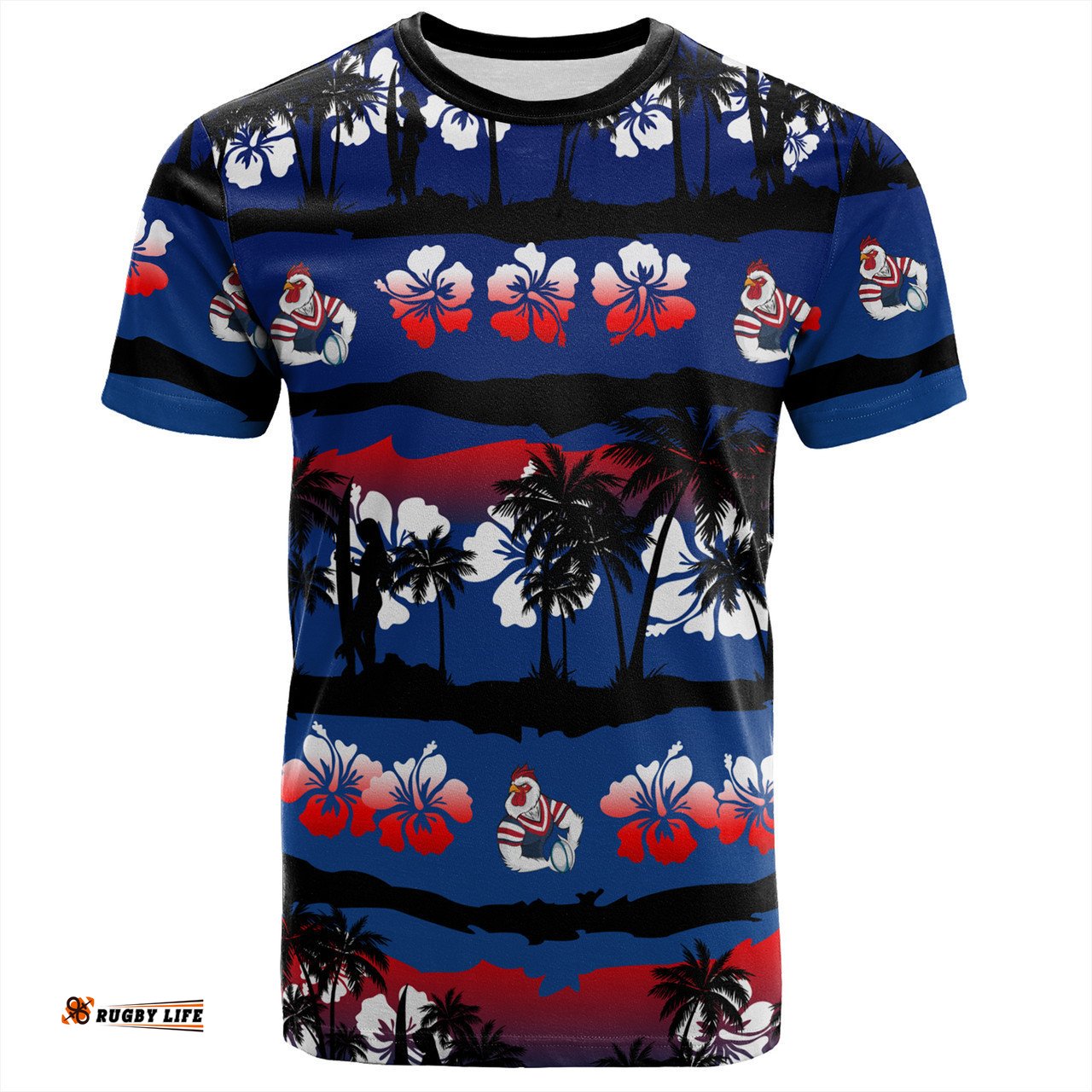 Amazing Aussie Sydney Roosters T-Shirt - Tropical Hibiscus and Coconut Trees