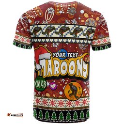 Amazing Aussie Maroons Rugby Christmas T-Shirt - Custom Xmas Maroons Christmas Balls, Snowflake With Aboriginal Inspired Patterns T-Shirt