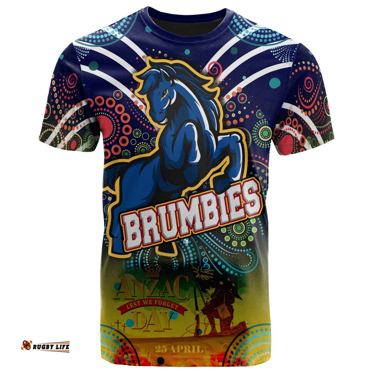 Amazing Aussie Brumbies Rugby T- Shirt- Anzac Day "Lest We Forget" Brumbies Aboriginal Inspired Pattern With Horse T- Shirt
