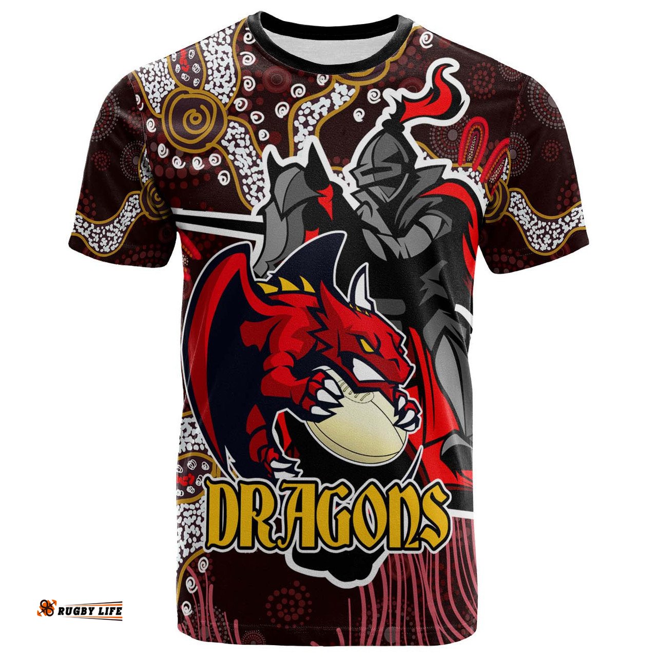 Amazing Aussie St. George Illawarra Dragons T-Shirt - Custom Dragon with Ball and Knight Contemporary Style of Aboriginal Inspired