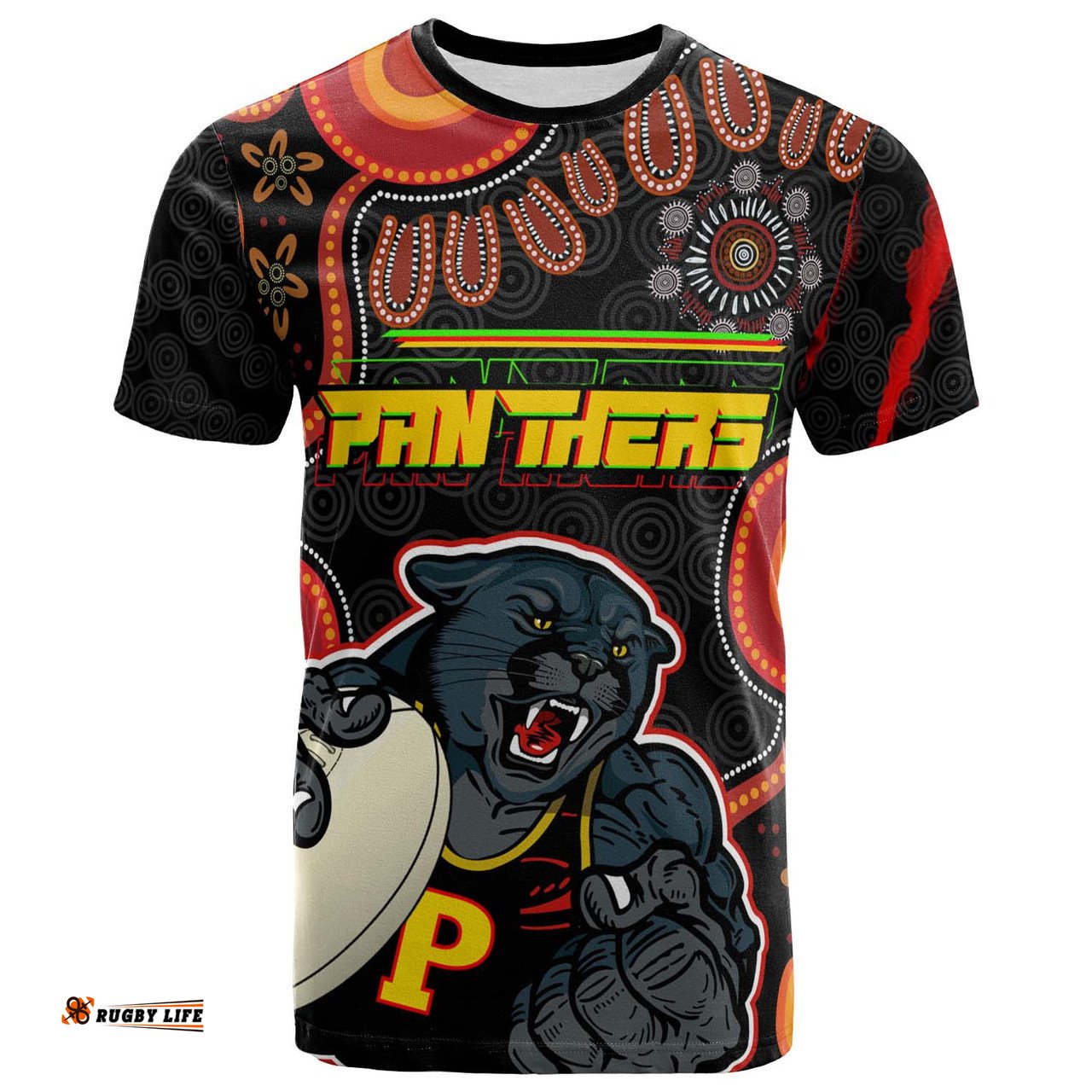 Amazing Aussie Australia Penrith Panthers T-shirt - Custom Australia Penrith Panthers Aboriginal Inspired with Ball Indigenous Style of Dot Painting Traditional