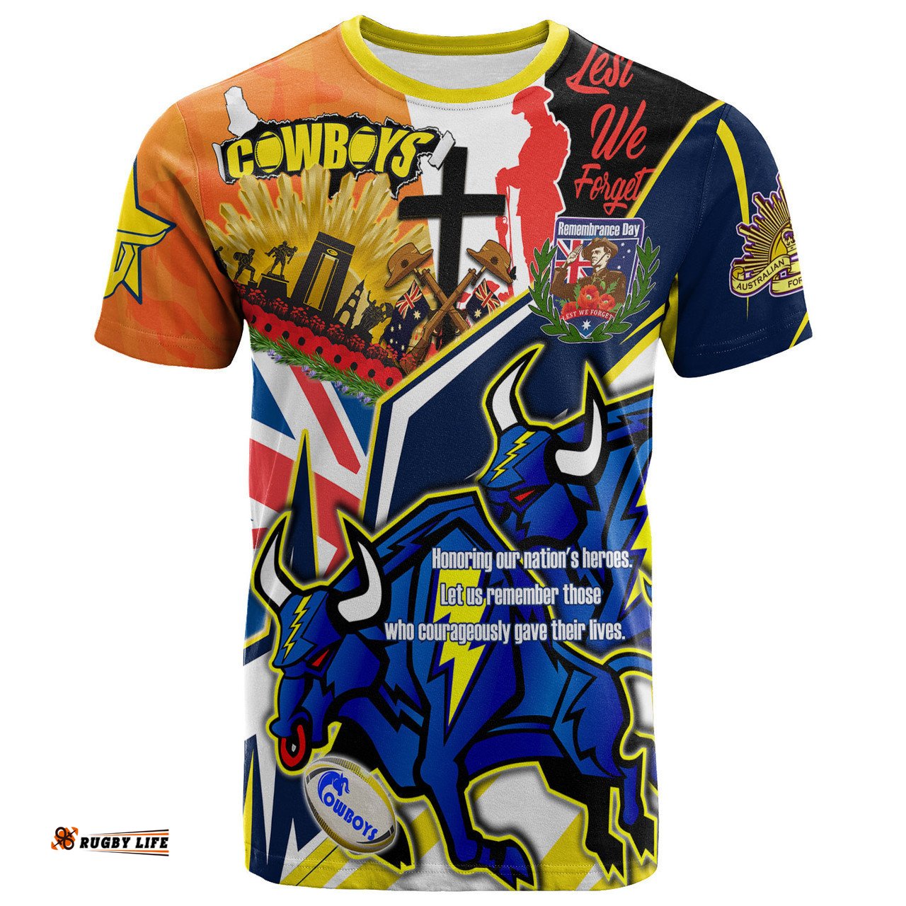 Amazing Aussie North Queensland Cowboys T-shirt - Custom Remembrance Cowboys  Anzac Quote With Poppy And Rosemary T-shirt
