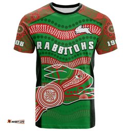 custom text and number rabbitohs rugby t shirt souths 1908 aboriginal dot painting go bunnies