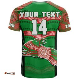 custom text and number rabbitohs rugby t shirt souths 1908 aboriginal dot painting go bunnies