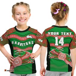 custom text and number rabbitohs rugby t shirt souths 1908 aboriginal dot painting go bunnies