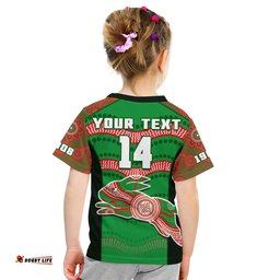 custom text and number rabbitohs rugby t shirt souths 1908 aboriginal dot painting go bunnies