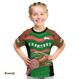 custom text and number rabbitohs rugby t shirt souths 1908 aboriginal dot painting go bunnies