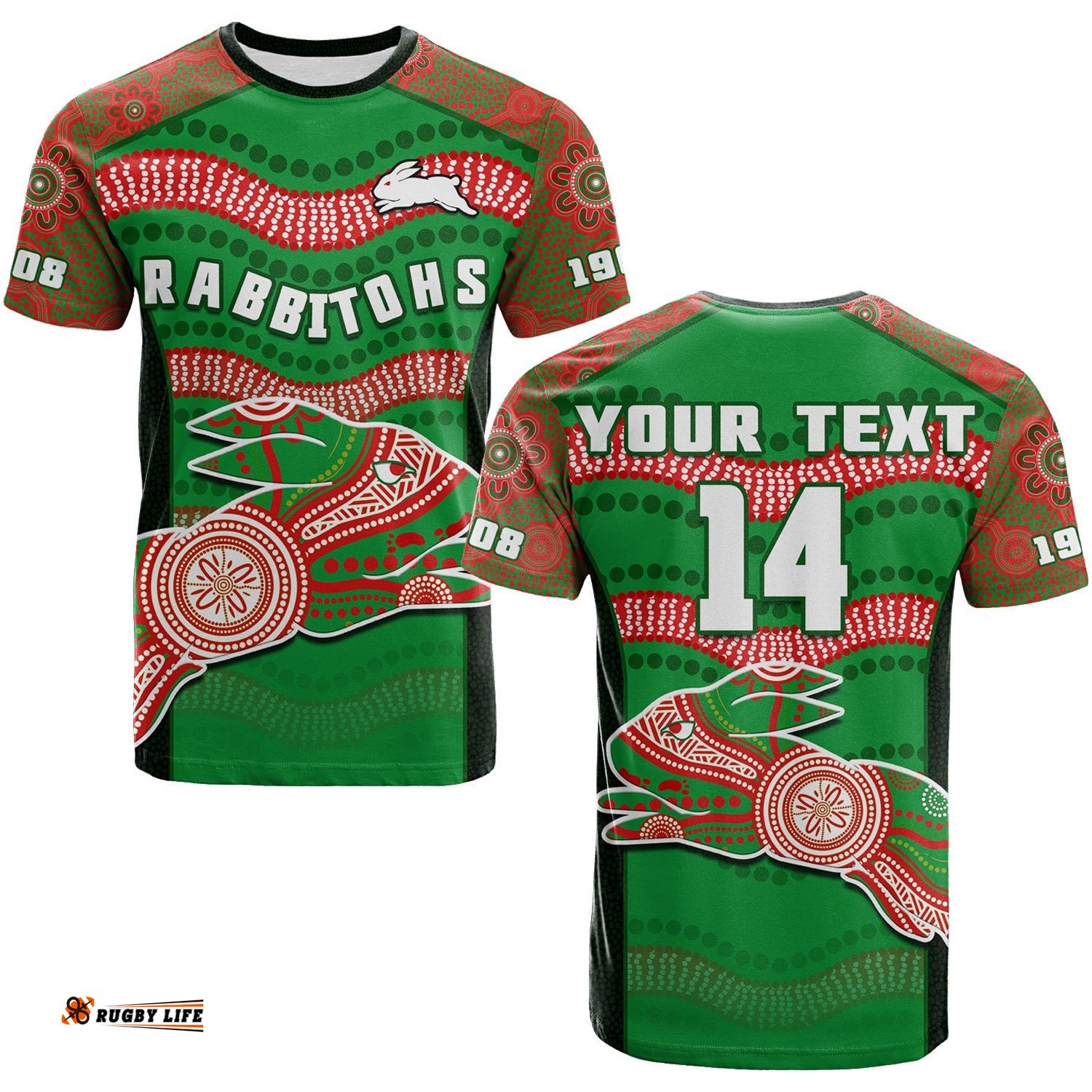 custom text and number rabbitohs rugby t shirt souths 1908 aboriginal dot painting go bunnies