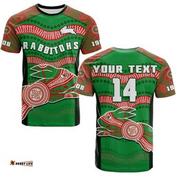 custom text and number rabbitohs rugby t shirt souths 1908 aboriginal dot painting go bunnies