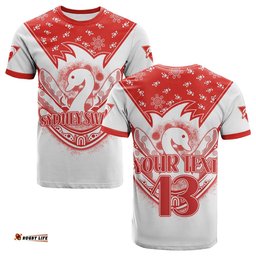 custom text and number swans football t shirt est 1874 aboriginal boomerang sydney bloods