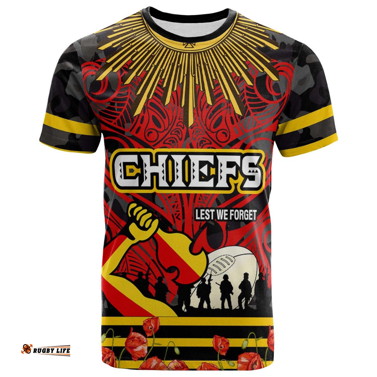 Amazing Aussie Waikato Chiefs Rugby T-shirt - Anzac Day Waikato Chiefs Maori Pattern with Poppy Flowers T-shirt