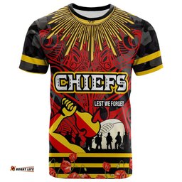 Amazing Aussie Waikato Chiefs Rugby T-shirt - Anzac Day Waikato Chiefs Maori Pattern with Poppy Flowers T-shirt