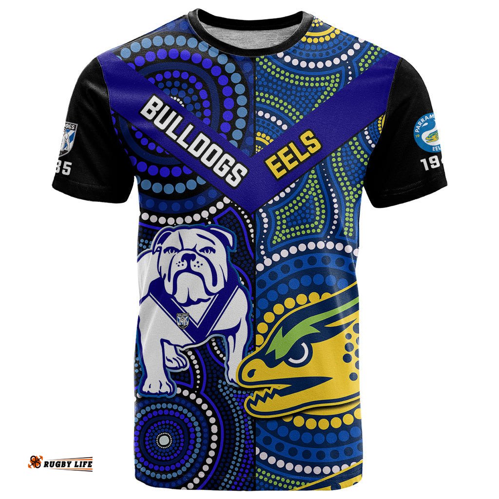 personalised bulldogs mix parramatta eels rugby t shirt aboriginal version