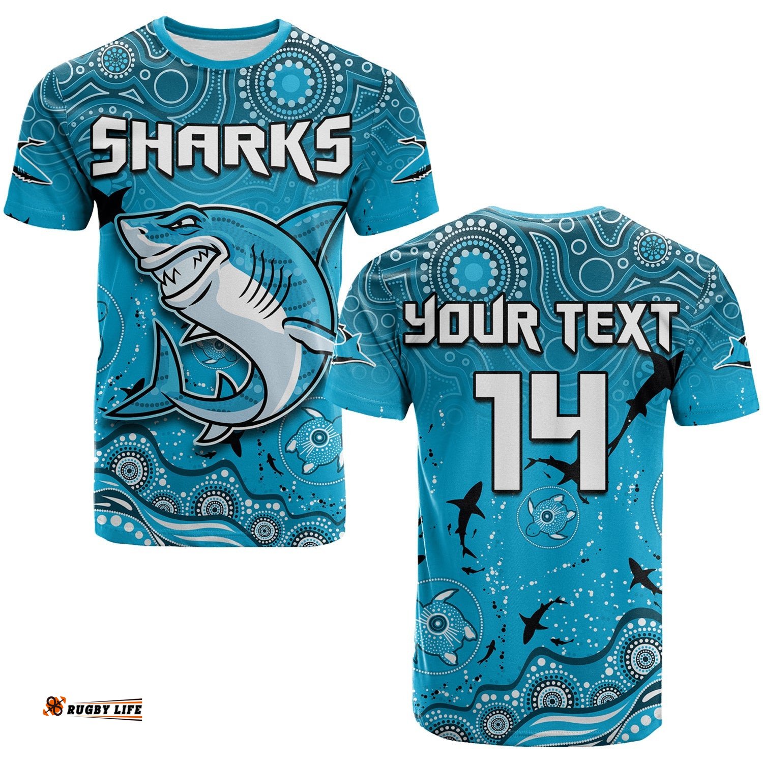 custom text and number sharks rugby t shirt go sharkies aboriginal special version