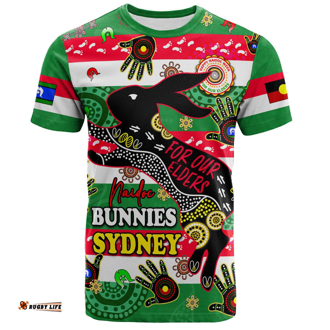 Amazing Aussie South Sydney Rabbitohs Custom T-Shirt - For Our Elders Aboriginal Inspired T-Shirt