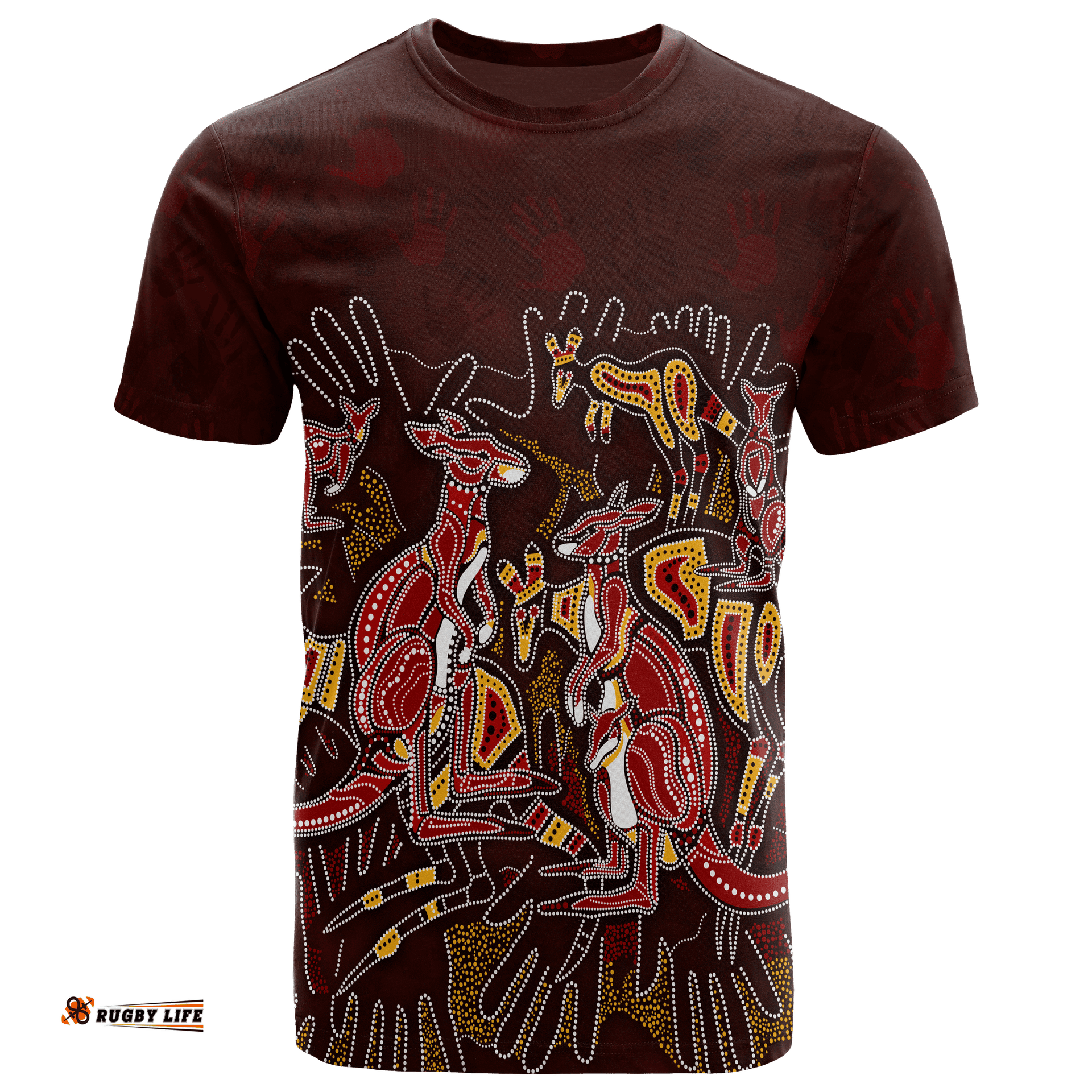 aboriginal t shirts kangaroo family with hand art