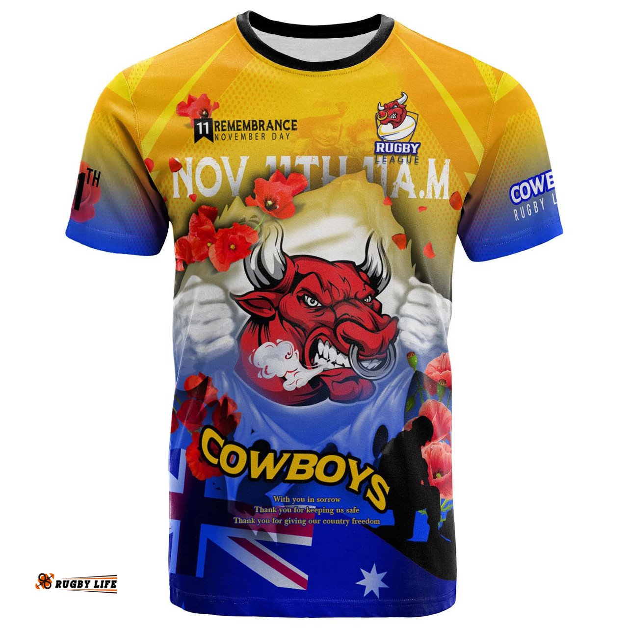 Amazing Aussie North Queensland Cowboys T-Shirt - Custom North Queensland Cowboys Remembrance Day Lest We Forget Poppies T-Shirt