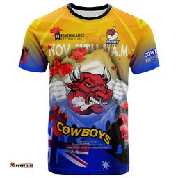 Amazing Aussie North Queensland Cowboys T-Shirt - Custom North Queensland Cowboys Remembrance Day Lest We Forget Poppies T-Shirt