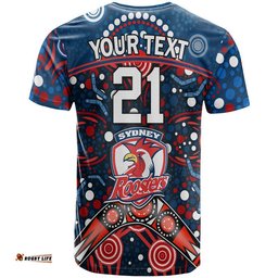 custom personalised roosters rugby t shirt boomerang indigenous dots
