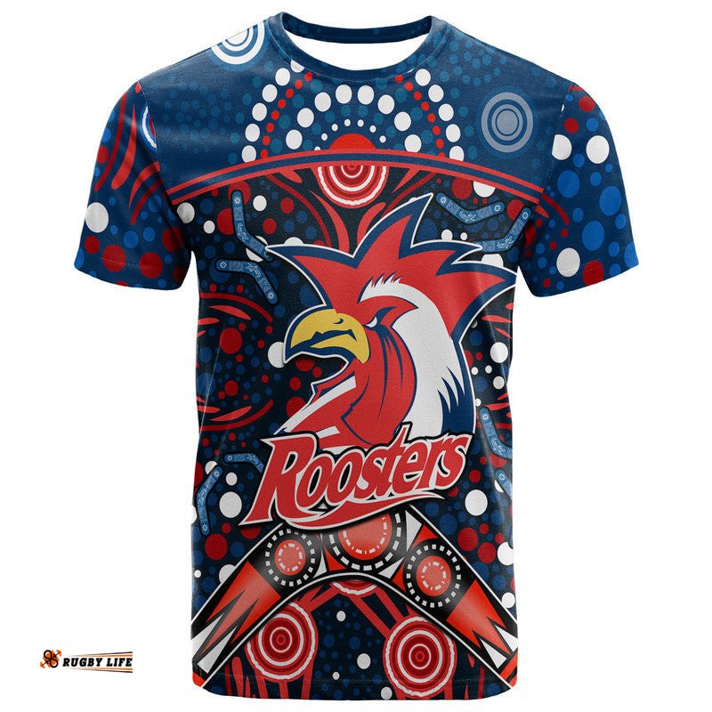custom personalised roosters rugby t shirt boomerang indigenous dots