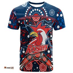 custom personalised roosters rugby t shirt boomerang indigenous dots