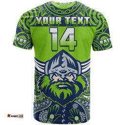 custom text and number raiders rugby t shirt aboriginal pattern