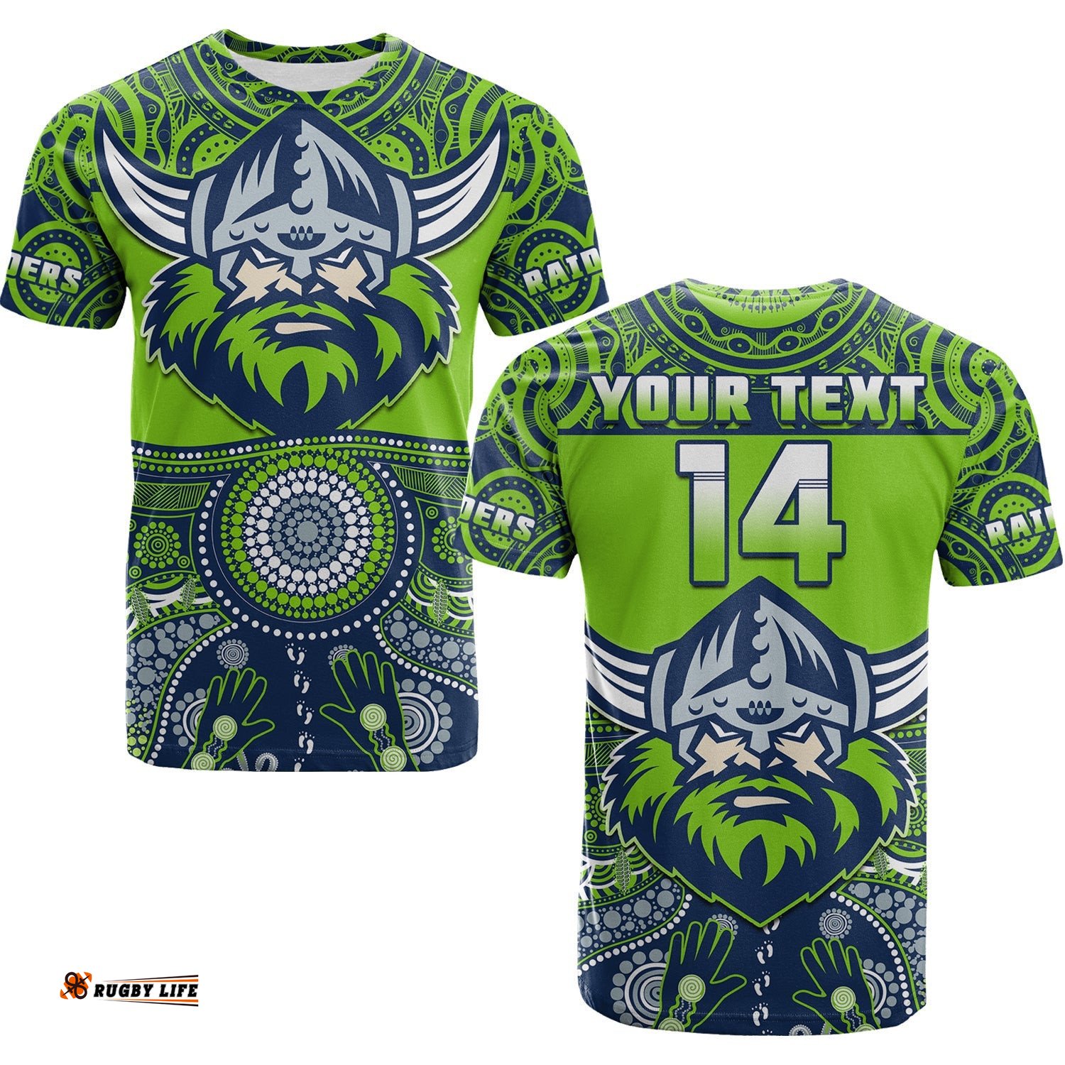 custom text and number raiders rugby t shirt aboriginal pattern