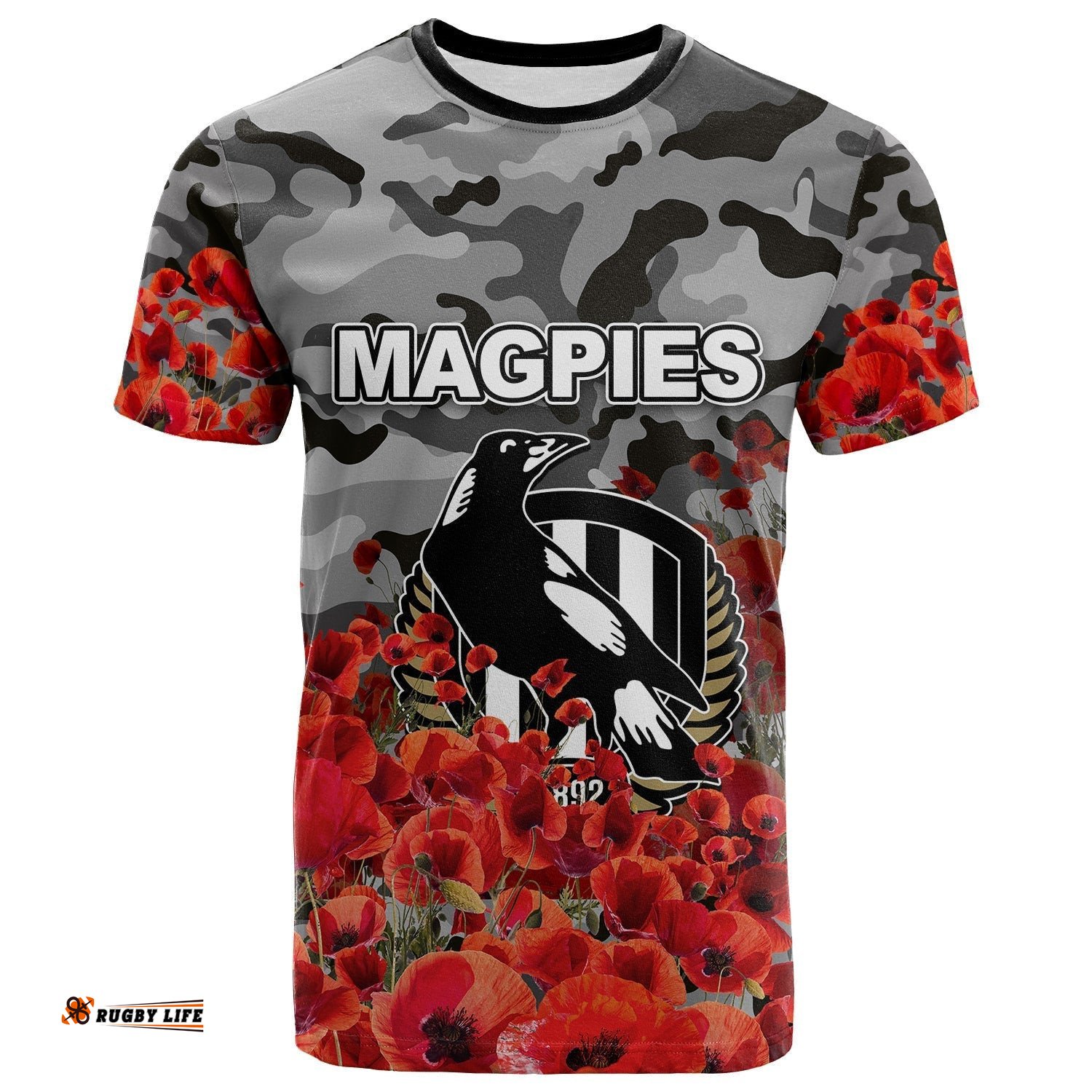 anzac day magpies t shirt poppy flowers with army patterns
