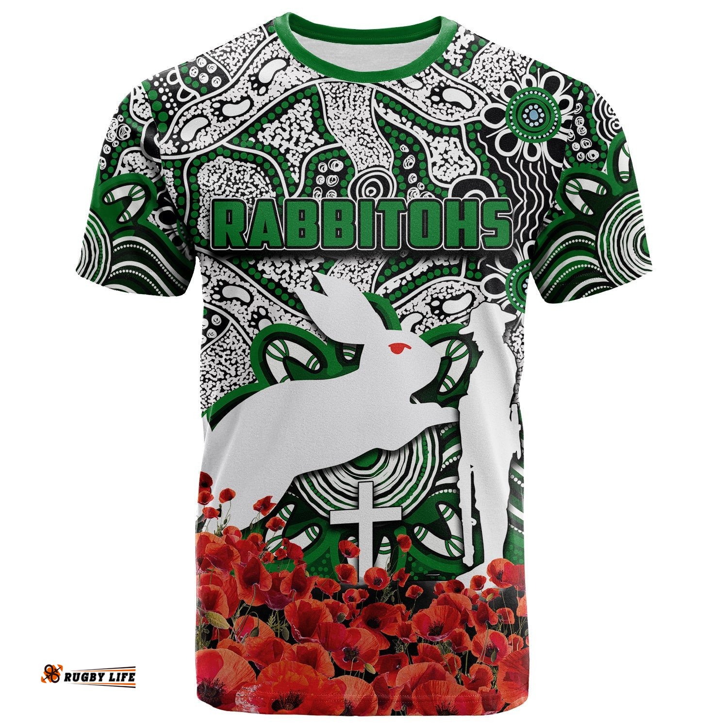 rabbitohs t shirt anzac day poppy flowers with aboriginal
