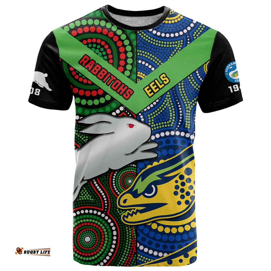 custom text and number rabbitohs mix eels rugby t shirt souths and parra indigenous