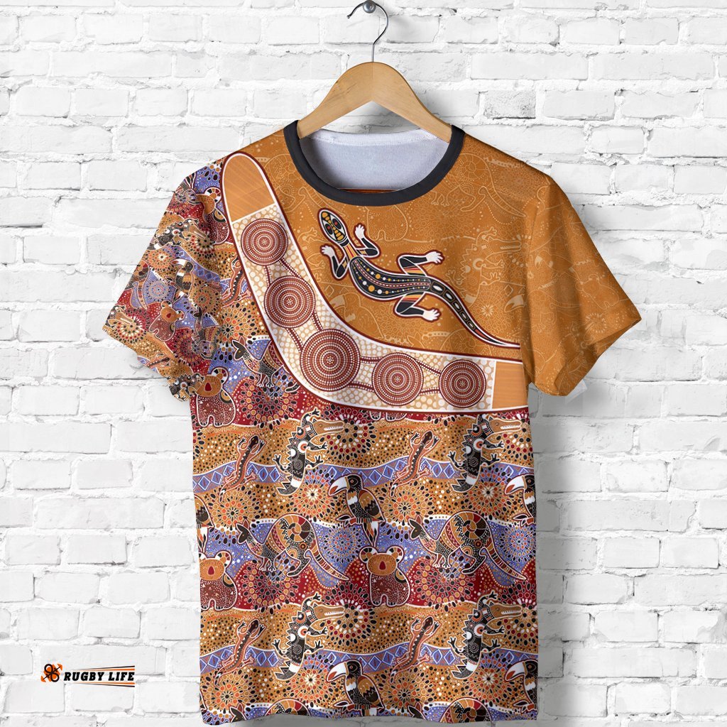 aboriginal t shirt lizard patterns boomerang circle dot painting