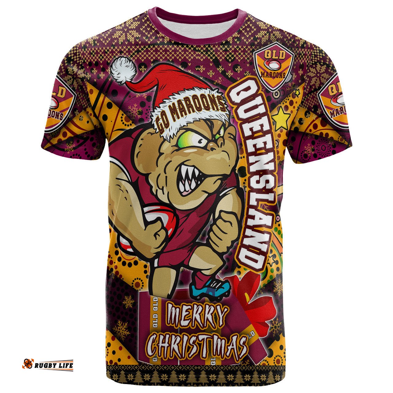 Amazing Aussie Cane Toads Christmas T-Shirt - Custom QLD Go Maroons Cane Toads Aboriginal Inspired With Snowflake T-Shirt