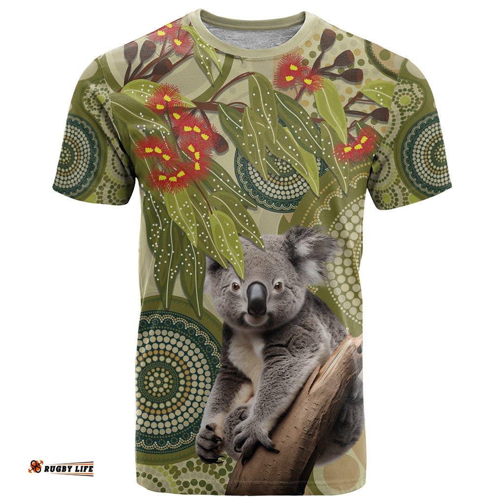 aboriginal koala art painting with gum blossom t shirt