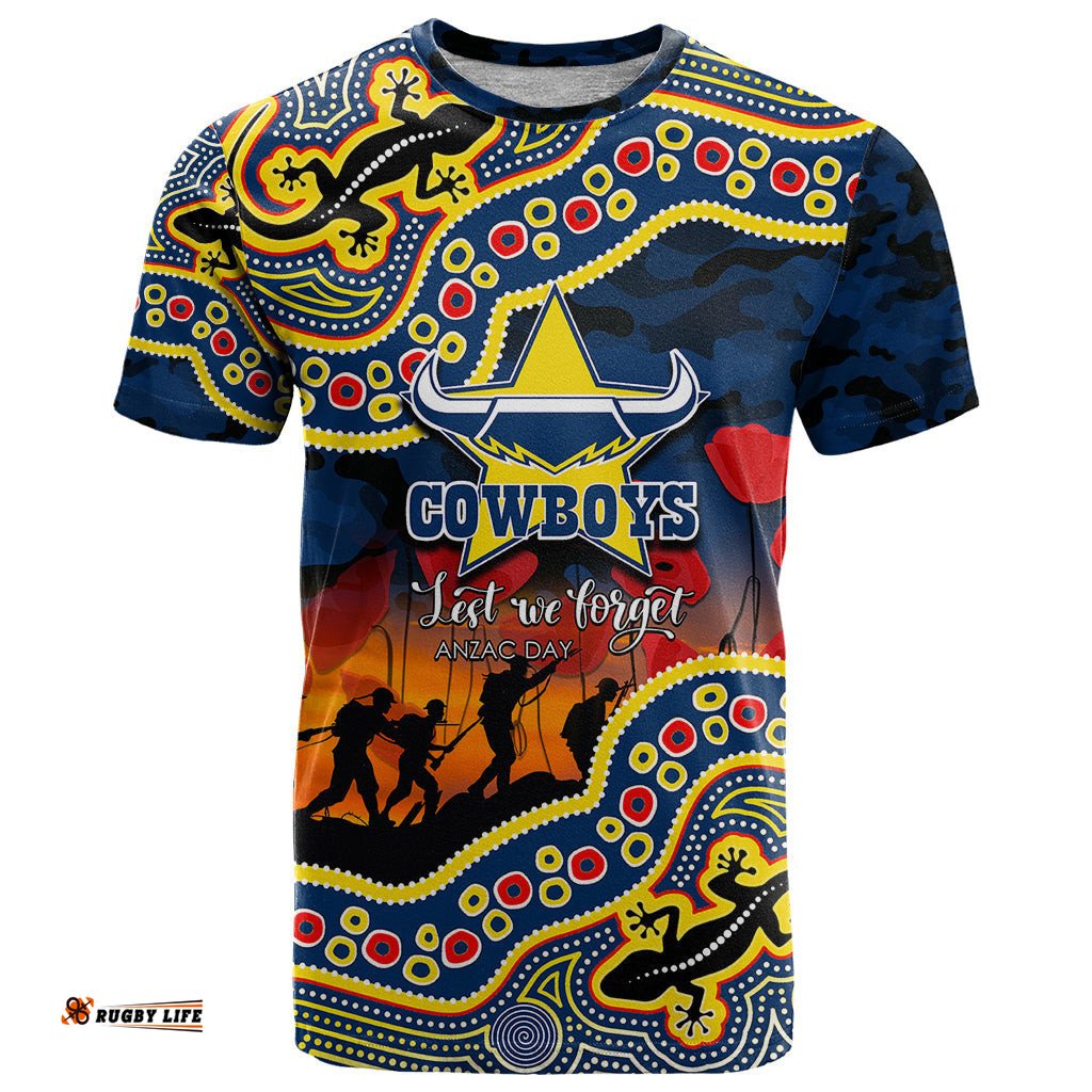 custom personalised anzac day nrl cowboys t shirt aboriginal lizard patterns