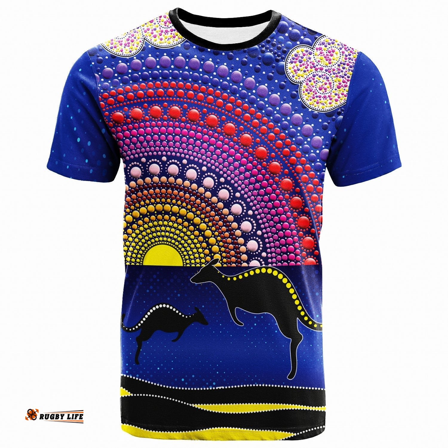 aboriginal t shirt sunset over the sea and kangaroo dot painting