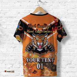 custom personalised wests t shirt tigers indigenous naidoc heal country! heal our nation orange no.1 custom text and number