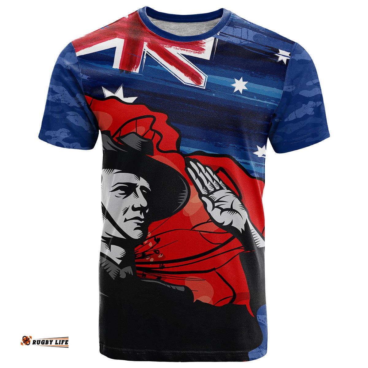 anzac day t shirt camo style soldier with flag