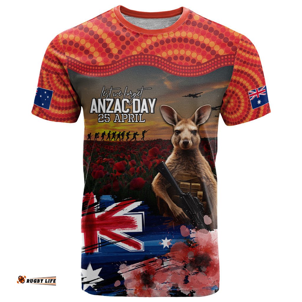 australia anzac day t shirt koala and kangaroo red poppy flower field aboriginal pattern