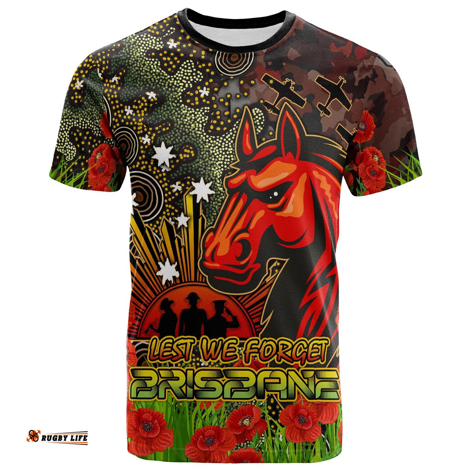 australia brisbane anzac custom t shirt anzac brisbane with remembrance poppy and indigenous patterns t shirt